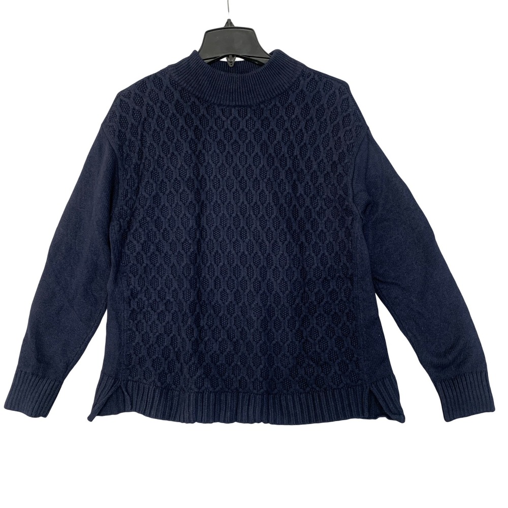 Talbots Women's L Navy Blue Mock Neck Cable Knit Sweater Cotton Blend